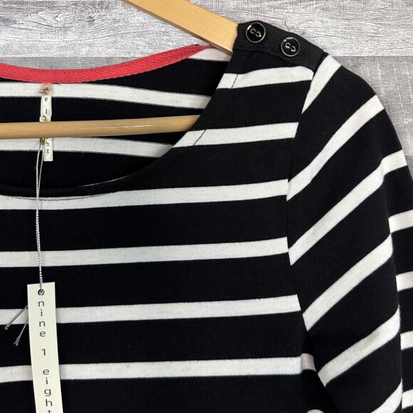 Nine 1 Eight NEW Knit Fitted Mini Dress S Black White Stripe Cotton Pockets - Picture 6 of 8